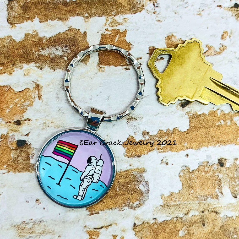 Handmade - Rainbow Flag on the Moon Keychain